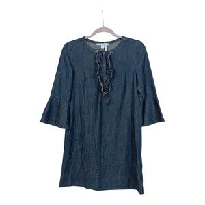 Draper James Womens Chambray Denim Shift Dress Ruffle 3/4 Bell Sleeves Size 6